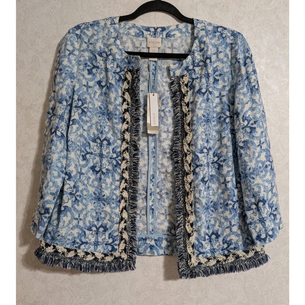 Chico’s Blue Linen Swirl Open Front Jacket Size Small-0 Fringe Coastal Artsy